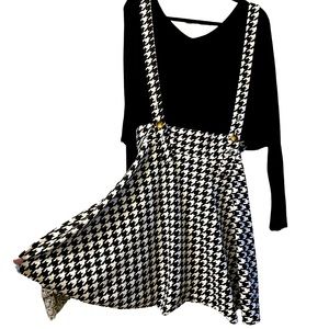 Skater overall skirt dress houndstooth tortoiseshell button adjustable suspender